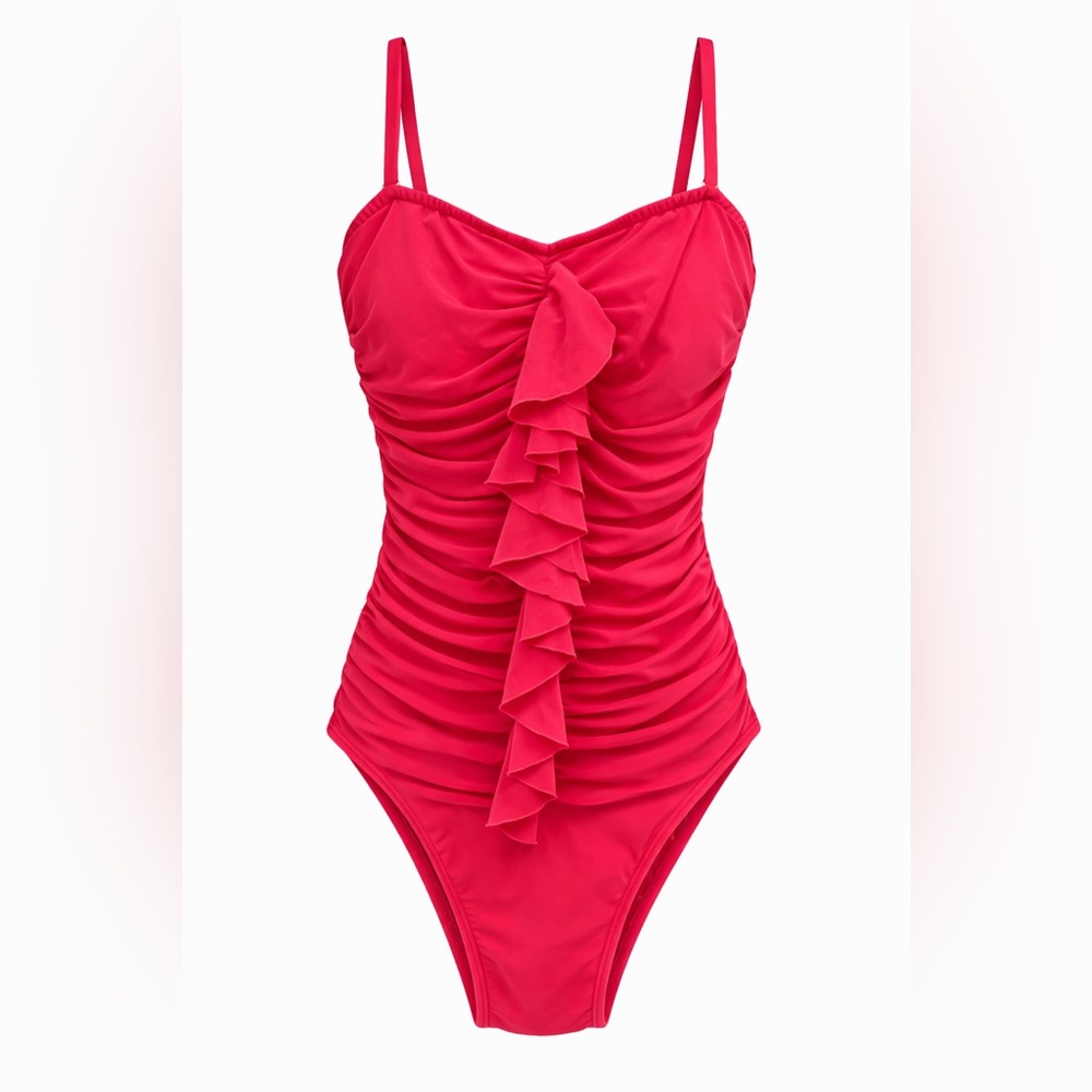 Pink Ruched One Piece Swimsuit Ruffle Front Tummy Control Size 10